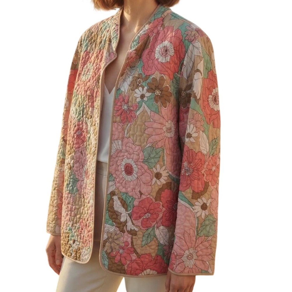 Womens Floral Quilted Tapestry Jacket Plus Size 18 Pastel Cottage Boho Patchwork